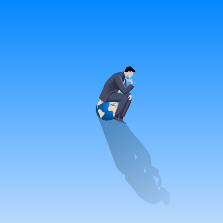 Loneliness on Olymp business concept. Pensive businessman in business suit sitting on the top of earth glove alone with only space around him. Isolation, responsibility, decision consequences.のイラスト素材