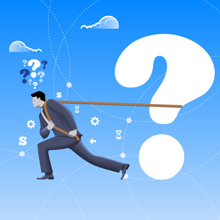 Problem solver business concept. Confident mighty businessman in business suit pulls big question mark alone. Vector illustration. Business analyst, analysis, problem and solution, hard worker.のイラスト素材