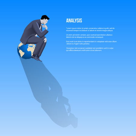 Analysis business template. Pensive businessman in business suit sitting on the globe and thinking. Vector illustration.のイラスト素材