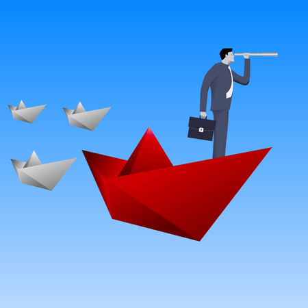 Leading the fleet business concept. Confident businessman in business suit with case and looking glass swimming on red paper boat in sea in front of paper boats fleet. Vector illustration.のイラスト素材