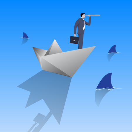 Swimming in dangerous water business concept. Confident businessman in business suit with case and looking glass swimming on paper boat in sea full of shark fin. Vector illustration.のイラスト素材