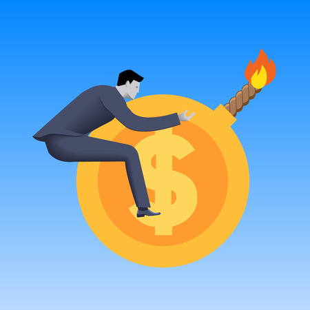 Toxic money business concept. Businessman flying on cannonball in form of gold coin with dollar sign and this cannonball is ready to explode. Toxic money, debt, derivatives.のイラスト素材
