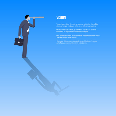 Vision business template. Confident businessman in business suit with case and looking glass searching for new opportunities. Vector illustration.のイラスト素材
