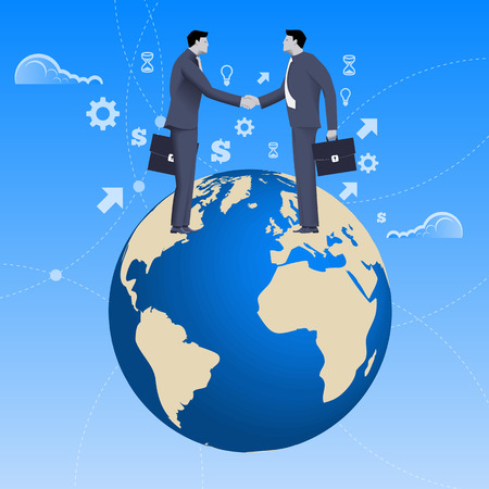 Global deal business concept. Confident businessmen in business suit shaking each other hands standing on earth globe. Deal, agreement, unity, pact, contract, treaty.のイラスト素材
