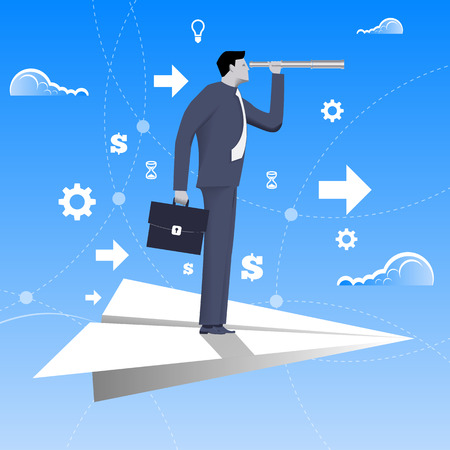 Flying on paper plane business concept. Confident businessman in business suit with case and looking glass flying on paper plane. Searching for opportunities, looking for solution.のイラスト素材