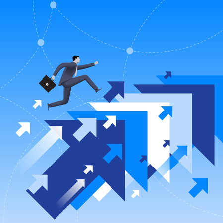 Running up to success business concept. Confident businessman in business suit with case in his hand running up jumping from one flying arrow to another. Successful career, successful investment.のイラスト素材