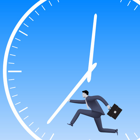 Speed up the process business concept. Confident businessman in business suit with case running and pushing clock handles. High speed business, time to success conversion, speed up process.のイラスト素材