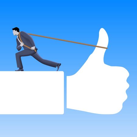 Working hard to meet expectations business concept. Confident businessman in business suit pushing hard the rope connected to thumb raised in a sign of approval. Positive responseのイラスト素材