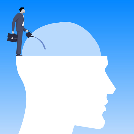 Motivation business concept. Business man in suit watering human brain with dollar bills instead of leaves. Concept strategy, motivation, manipulation.のイラスト素材