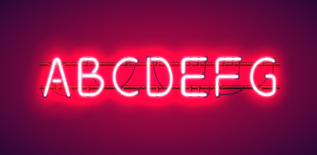 Glowing Red Neon Alphabet from A to G with wires, tubes, brackets and holders.のイラスト素材