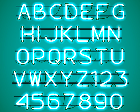 Glowing blue Neon Alphabet with letters from A to Z and digits from 0 to 9 with wires, tubes, brackets and holders. Shining and glowing neon effect. Vector illustration.のイラスト素材