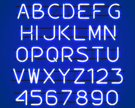 Glowing blue Neon Alphabet with letters from A to Z and digits from 0 to 9 with wires, tubes, brackets and holders. Shining and glowing neon effect. Vector illustration.のイラスト素材