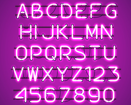 Glowing Purple Neon Alphabet with letters from A to Z and digits from 0 to 9 with wires, tubes, brackets and holders. Shining and glowing neon effect. Vector illustration.のイラスト素材