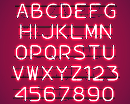 Glowing Red Neon Alphabet with letters from A to Z and digits from 0 to 9 with wires, tubes, brackets and holders. Shining and glowing neon effect. Vector illustration.のイラスト素材