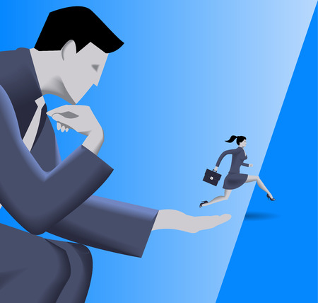 Helping hand business concept. Huge businessman helps small business woman to jump over abyss. Concept of help, protection, cooperation, collaboration, mentoring. Vector illustration.のイラスト素材