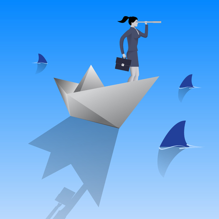 Swimming in dangerous water business concept. Confident business woman in business suit with case and looking glass swimming on paper boat in sea full of shark fin. Vector illustration.のイラスト素材