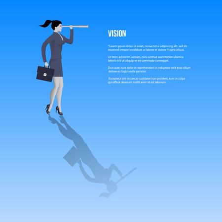 Vision business template. Confident business woman in business suit with case and looking glass searching for new opportunities. Vector illustration.のイラスト素材