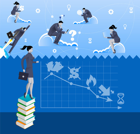 Power of knowledge concept. Pensive business woman in business suit with case standing on pile of books looking over the fence where business people are flying on the cloudsのイラスト素材