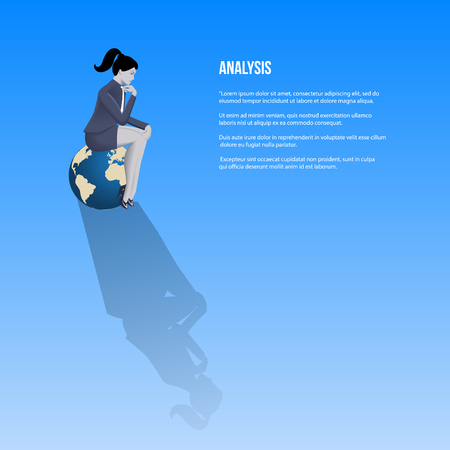 Analysis business template. Pensive business woman in business suit sitting on the globe and thinking. Vector illustration.のイラスト素材
