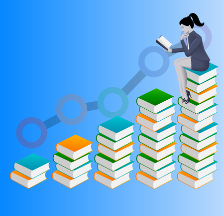 Power of knowledge business concept. Confident business woman in suit read book sitting on top of book stack. On background rising graph goes up proportionally to the number of books readのイラスト素材