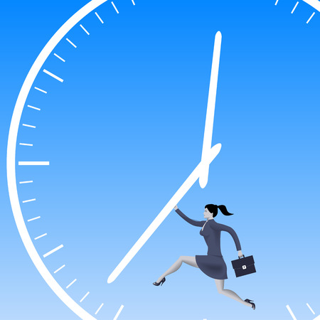 Speed up the process business concept. Confident business woman in business suit with case runs pushing the clock handles. Vector illustration.のイラスト素材