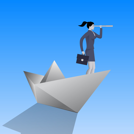 Swimming on paper boat business concept. Confident business woman in business suit with case and looking glass swimming on paper boat. Searching for opportunities, looking for solution.のイラスト素材