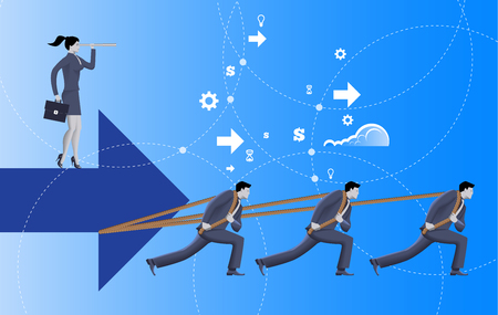 Team with vision business concept. Three confident businessmen in suits pull big arrow with business woman on top of it with case and looking glass. Team, teamwork, vision, prediction, plan.のイラスト素材