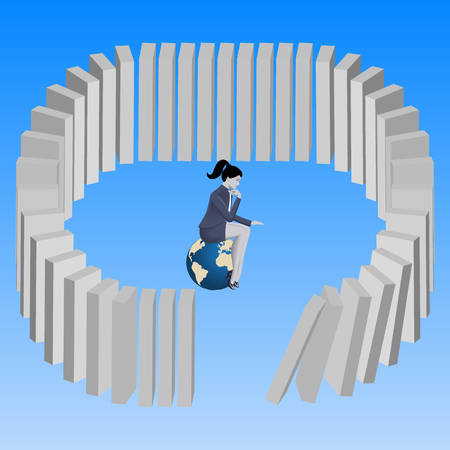 Wrong strategy business concept. Pensive business woman sitting on top of earth and pushing domino without noticing that last domino will fall on her. Predictability problem, chain of consequences.のイラスト素材