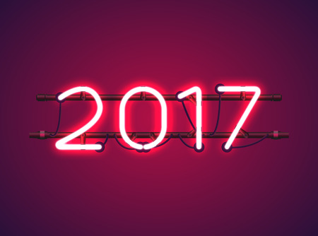 Glowing Red Neon sign 2017 with wires, tubes, brackets and holders. Vector element for New Year card, logo or other design.のイラスト素材