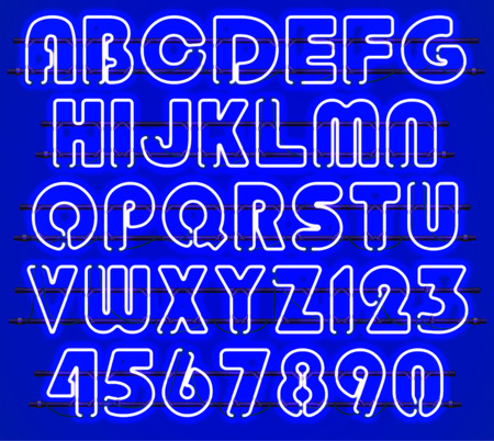 Glowing blue Neon Alphabet with letters from A to Z and digits from 0 to 9 with wires, tubes, brackets and holders. Shining and glowing neon effect. Every letter or digit is separate unit.のイラスト素材