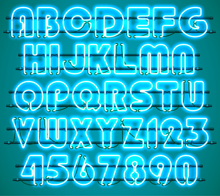 Glowing blue Neon Alphabet with letters from A to Z and digits from 0 to 9 with wires, tubes, brackets and holders. Shining and glowing neon effect. Every letter or digit is separate unit.のイラスト素材