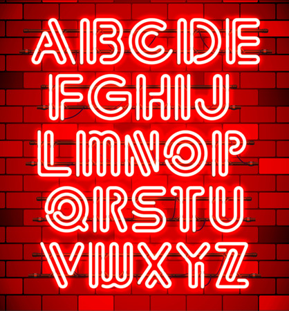 Glowing Orange Neon Alphabet with letters from A to Z. Shining and glowing neon effect. Every letter is separate unit with wires, tubes, brackets and holders.のイラスト素材