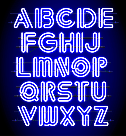Glowing blue Neon Alphabet with letters from A to Z. Shining and glowing neon effect. Every letter is separate unit with wires, tubes, brackets and holders.のイラスト素材
