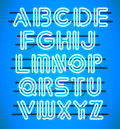 Glowing blue Neon Alphabet with letters from A to Z. Shining and glowing neon effect. Every letter is separate unit with wires, tubes, brackets and holders.のイラスト素材