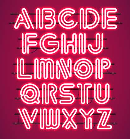 Glowing red Neon Alphabet with letters from A to Z. Shining and glowing neon effect. Every letter is separate unit with wires, tubes, brackets and holders.のイラスト素材