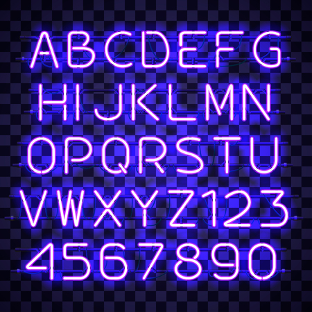 Glowing blue Neon Alphabet with letters from A to Z and digits from 0 to 9 on transparent background. Glowing neon effect. Every letter is separate unit with wires, tubes, brackets and holders.のイラスト素材