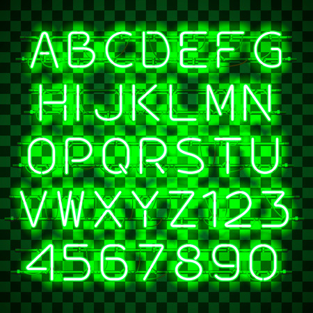 Glowing blue Green Alphabet with letters from A to Z and digits from 0 to 9 on transparent background. Glowing neon effect. Every letter is separate unit with wires, tubes, brackets and holders.のイラスト素材