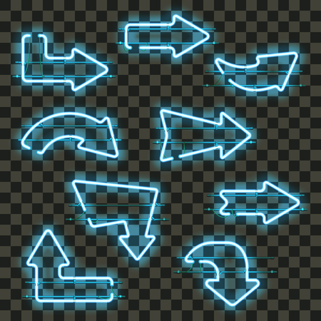 Set of glowing blue neon arrows isolated on transparent background. Shining and glowing neon effect. Every arrow is separate unit with wires, tubes, brackets and holders. Vector illustration.のイラスト素材