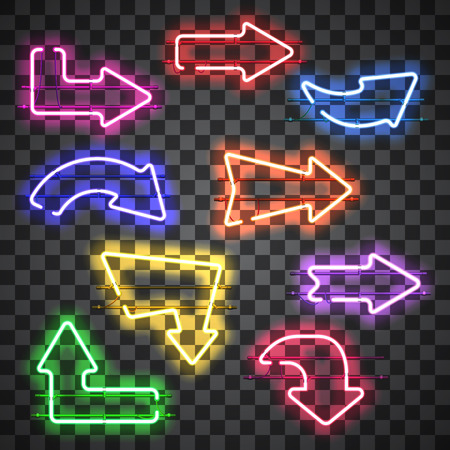 Set of glowing neon arrows of different colors isolated on transparent background. Shining and glowing neon effect. Every arrow is separate unit with wires, tubes, brackets and holders.のイラスト素材