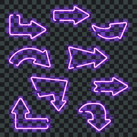 Set of glowing purple neon arrows isolated on transparent background. Shining and glowing neon effect. Every arrow is separate unit with wires, tubes, brackets and holders. Vector illustration.のイラスト素材