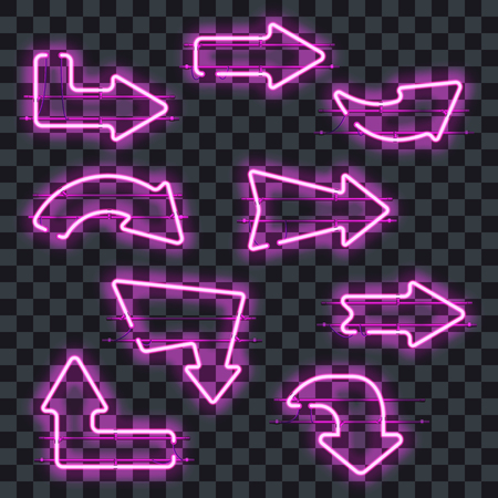 Set of glowing purple neon arrows isolated on transparent background. Shining and glowing neon effect. Every arrow is separate unit with wires, tubes, brackets and holders. Vector illustration.のイラスト素材