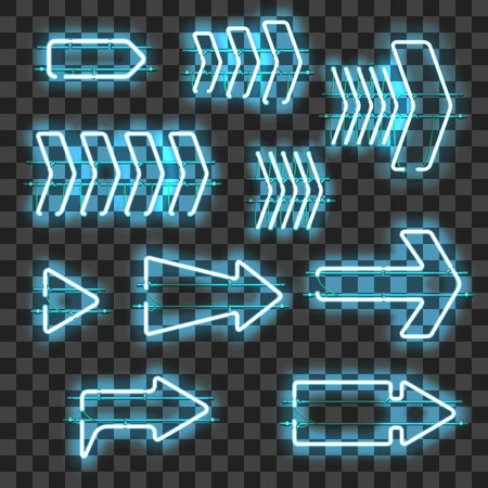 Set of glowing blue neon arrows isolated on transparent background. Shining and glowing neon effect. Every arrow is separate unit with wires, tubes, brackets and holders. Vector illustration.のイラスト素材