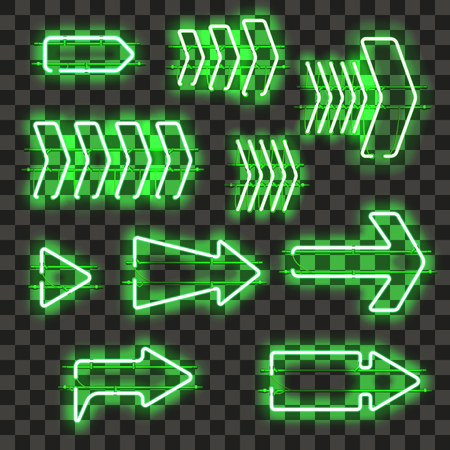Set of glowing green neon arrows isolated on transparent background. Shining and glowing neon effect. Every arrow is separate unit with wires, tubes, brackets and holders. Vector illustration.のイラスト素材