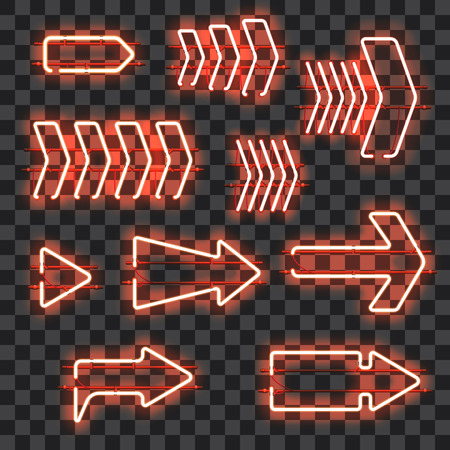 Set of glowing orange neon arrows isolated on transparent background. Shining and glowing neon effect. Every arrow is separate unit with wires, tubes, brackets and holders. Vector illustration.のイラスト素材
