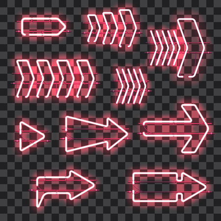Set of glowing pink neon arrows isolated on transparent background. Shining and glowing neon effect. Every arrow is separate unit with wires, tubes, brackets and holders. Vector illustration.のイラスト素材