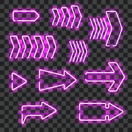 Set of glowing purple neon arrows isolated on transparent background. Shining and glowing neon effect. Every arrow is separate unit with wires, tubes, brackets and holders. Vector illustration.のイラスト素材