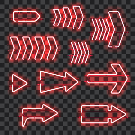 Set of glowing red neon arrows isolated on transparent background. Shining and glowing neon effect. Every arrow is separate unit with wires, tubes, brackets and holders. Vector illustration.のイラスト素材