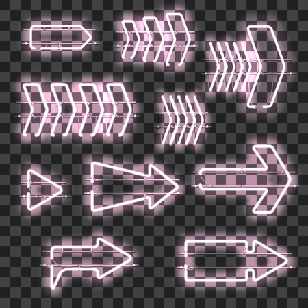 Set of glowing white neon arrows isolated on transparent background. Shining and glowing neon effect. Every arrow is separate unit with wires, tubes, brackets and holders. Vector illustration.のイラスト素材