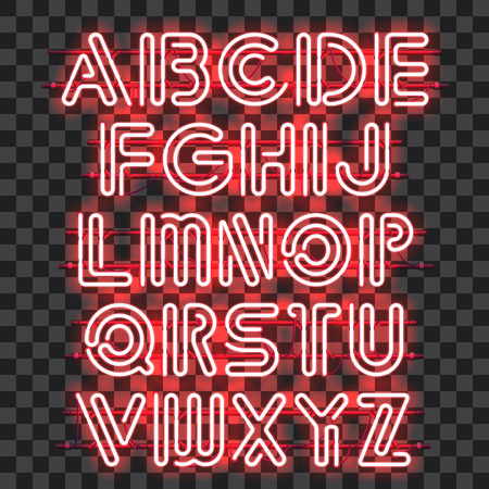Glowing Red Neon Alphabet with letters from A to Z. Shining and glowing neon effect. Every letter is separate unit with wires, tubes, brackets and holders that can be combined with other.のイラスト素材