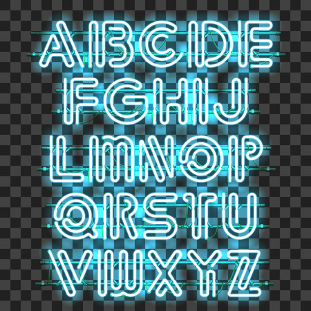 Glowing blue Neon Alphabet with letters from A to Z. Shining and glowing neon effect. Every letter is separate unit with wires, tubes, brackets and holders that can be combined with other.のイラスト素材